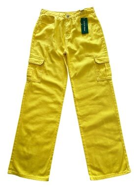 Bright Yellow Cargo Utility Wide Leg Streetwear Pants 100% Cotton- 29